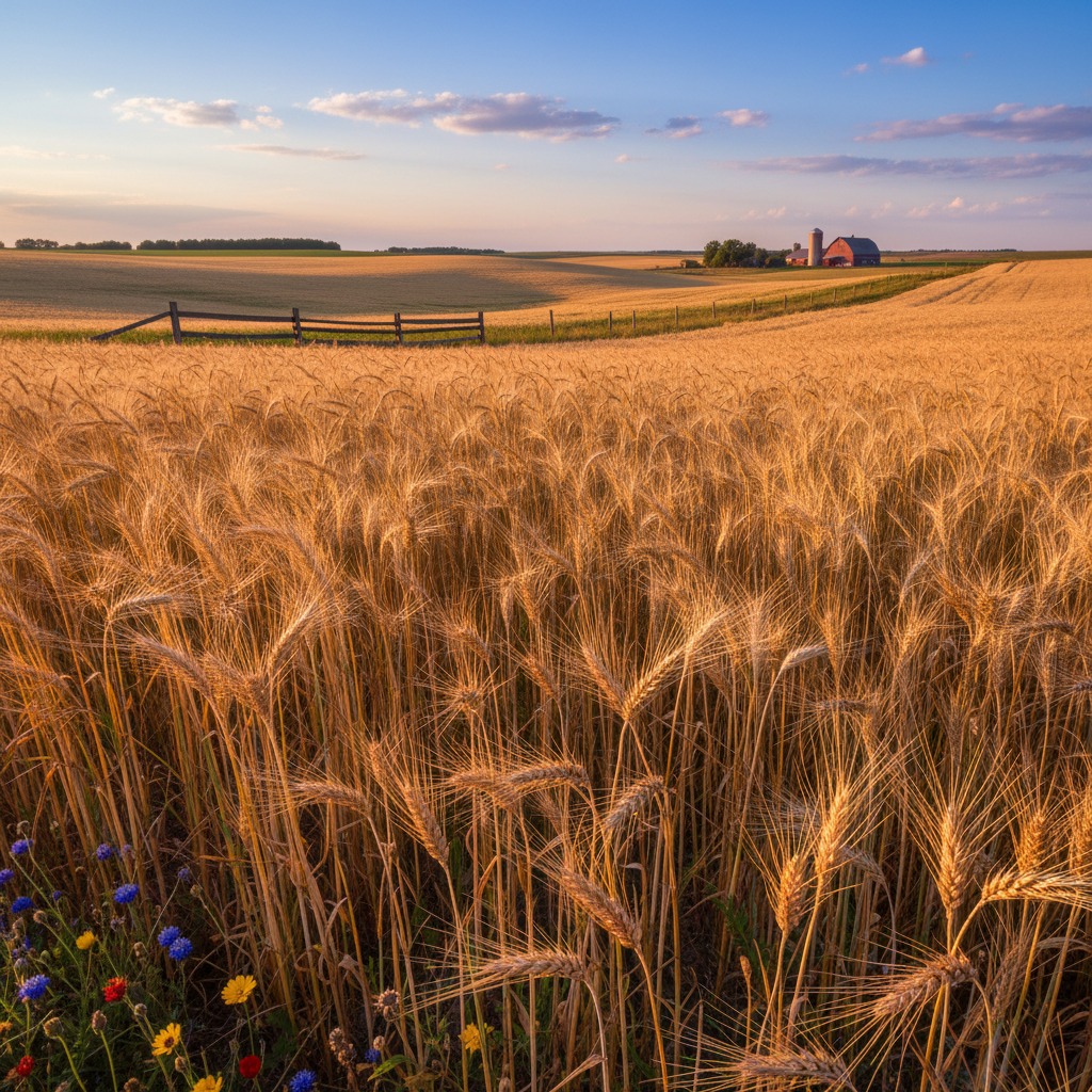 Golden wheat fields stretch toward a distant farmhouse under a soft sunset sky.