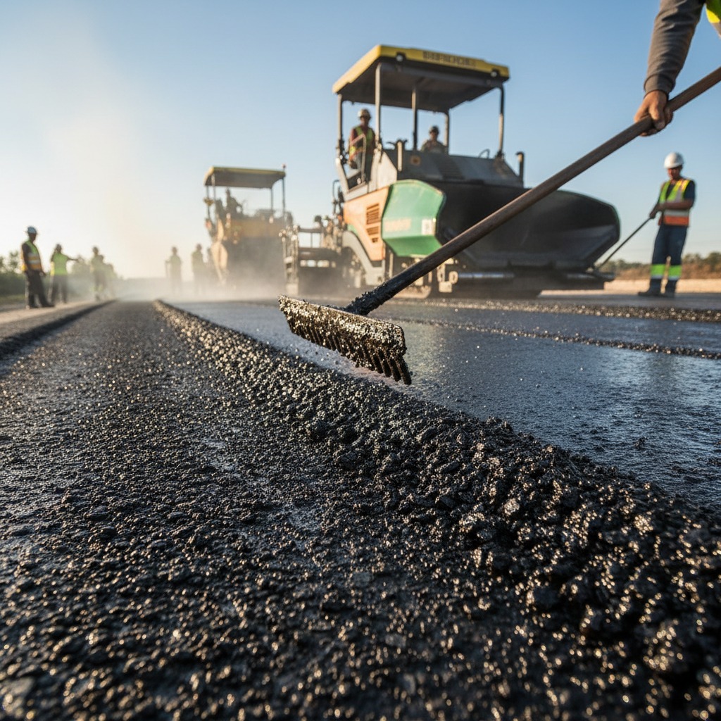 Construction workers use a rake to smooth fresh asphalt on a road project with heavy machinery in the background.
