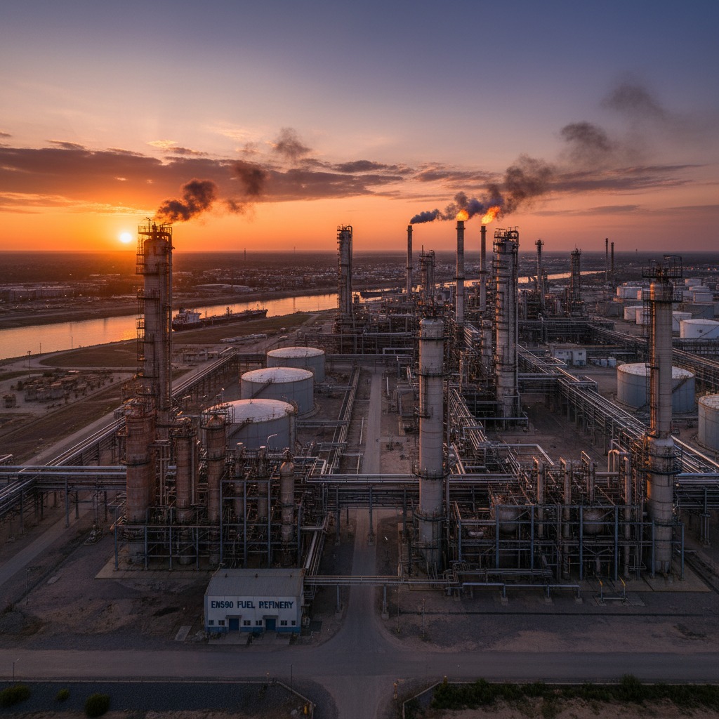 An industrial oil refinery complex with smoking chimneys and storage tanks sits along a river at sunset.